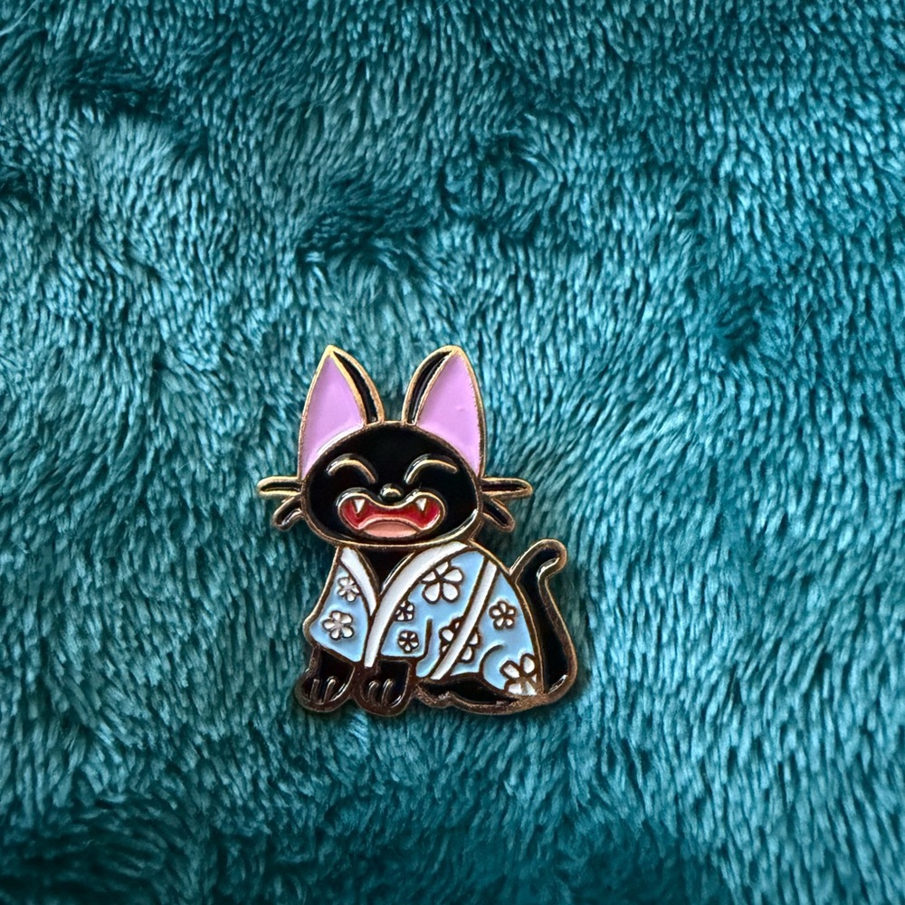 Cute Black Cat Enamel Pin with Pink Ears